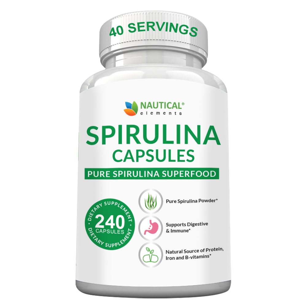 Spiruline Nautical Elements en capsules 3000 mg – emballage pratique pour une routine quotidienne.