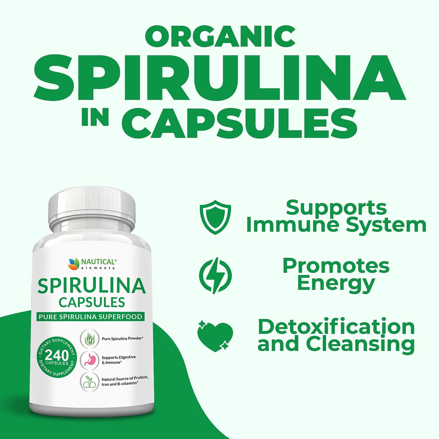 Poudre biologique spiruline Nautical Elements 240 g – source naturelle de protéines.