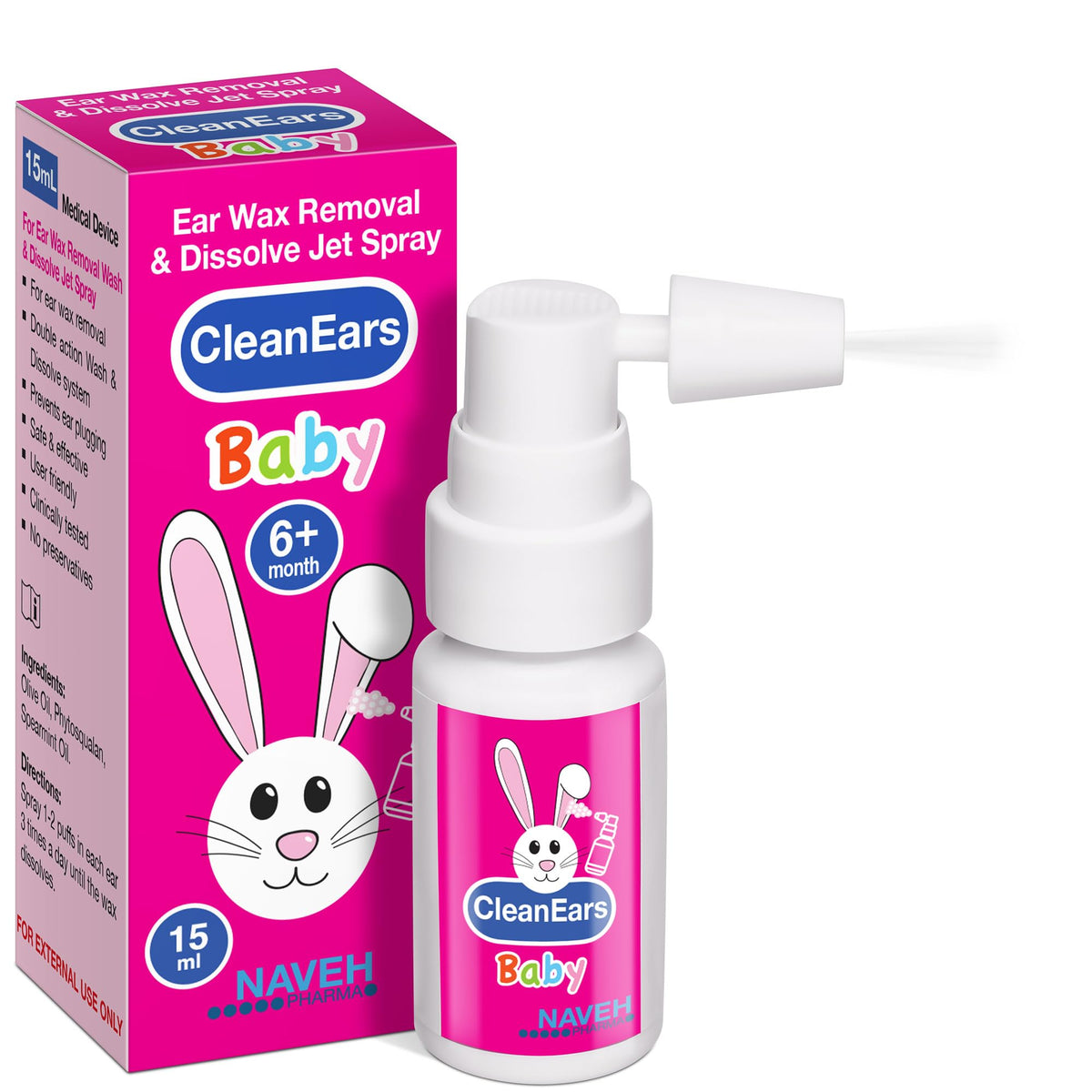 NAVEH PHARMA CleanEars Baby – flacon spray pour lavage des oreilles en douceur.