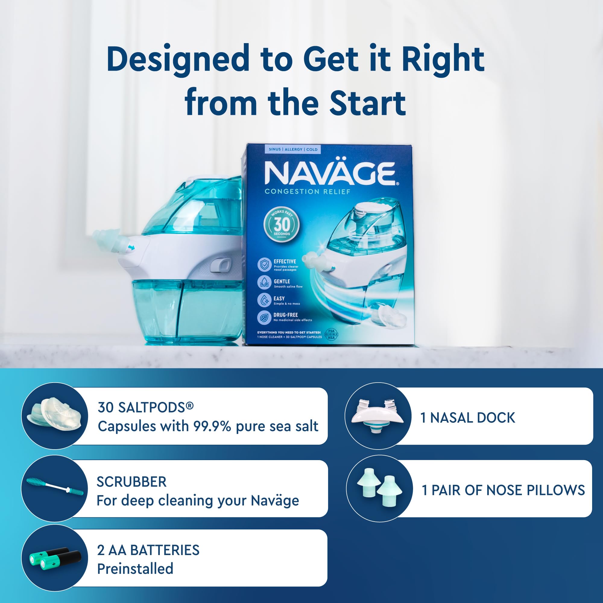 Navage: guide illustré et assistance client inclus.