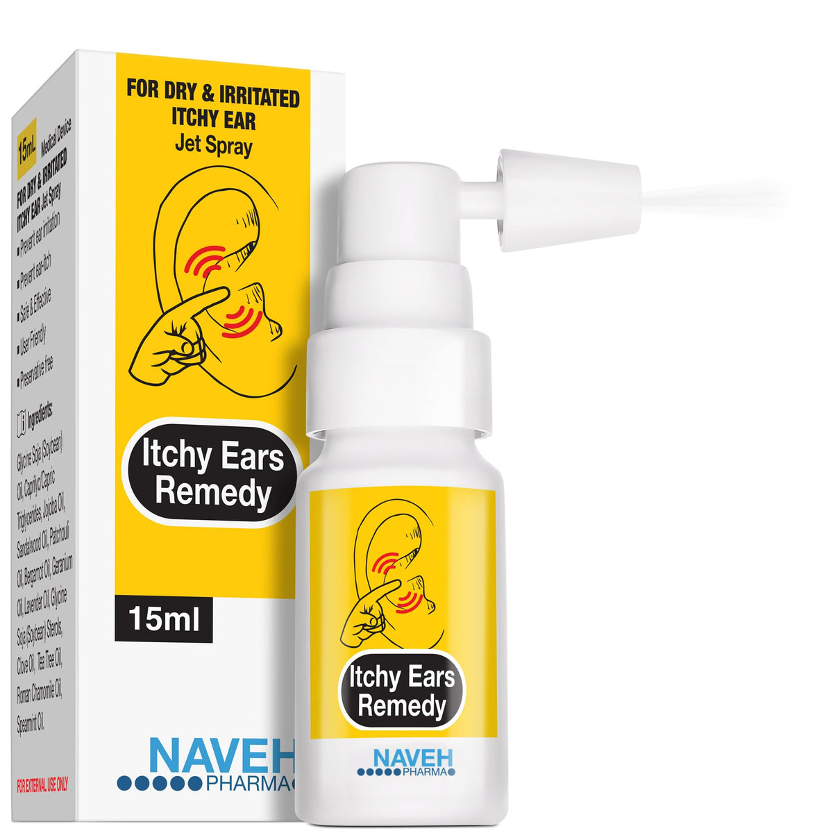 Remède pour oreilles qui démangent de NAVEH PHARMA, jet pulvérisation pour nettoyer en douceur.