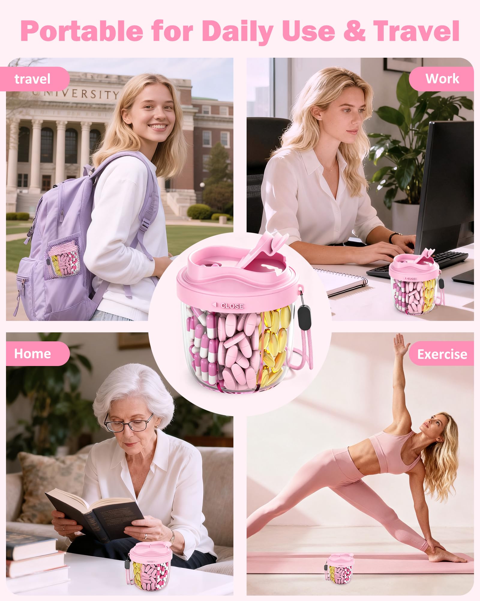 NAVIKIA organiseur-pilules léger et portable rose, facile à transporter.