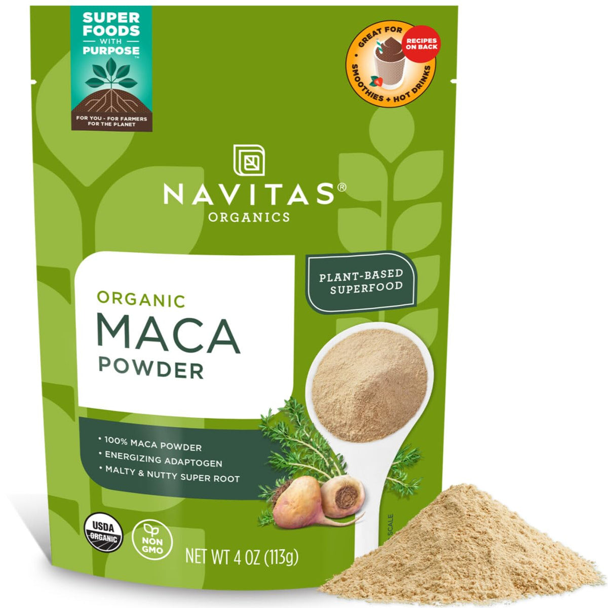 Navitas Maca en poudre – emballage pratique pour intégration facile dans les recettes.