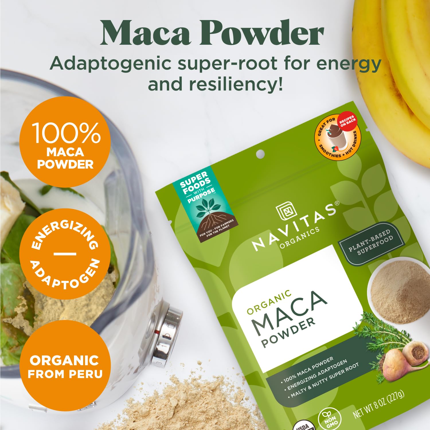 Poudre Maca Navitas Organics ajoutée à la cuisson, saveur maltée.
