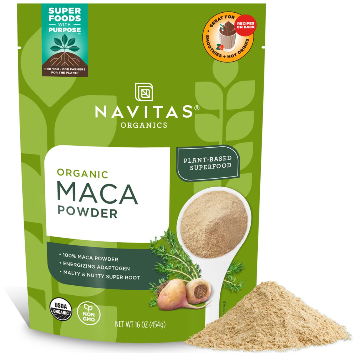 Navitas Organics Maca en poudre dans un smoothie, énergie naturelle possible.