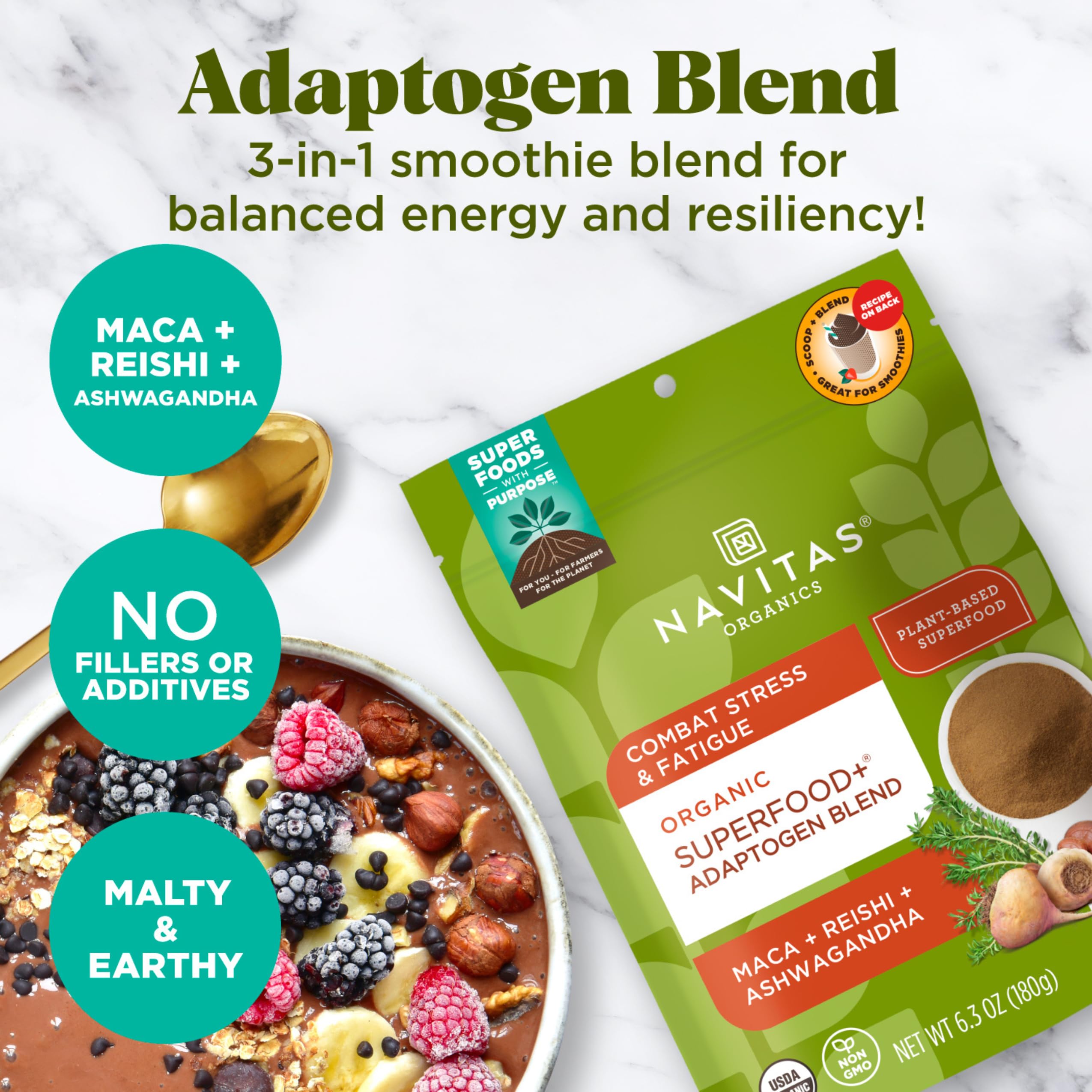 Navitas Organics Maca-Reishi-Ashwagandha en poudre pour le bien-être quotidien.