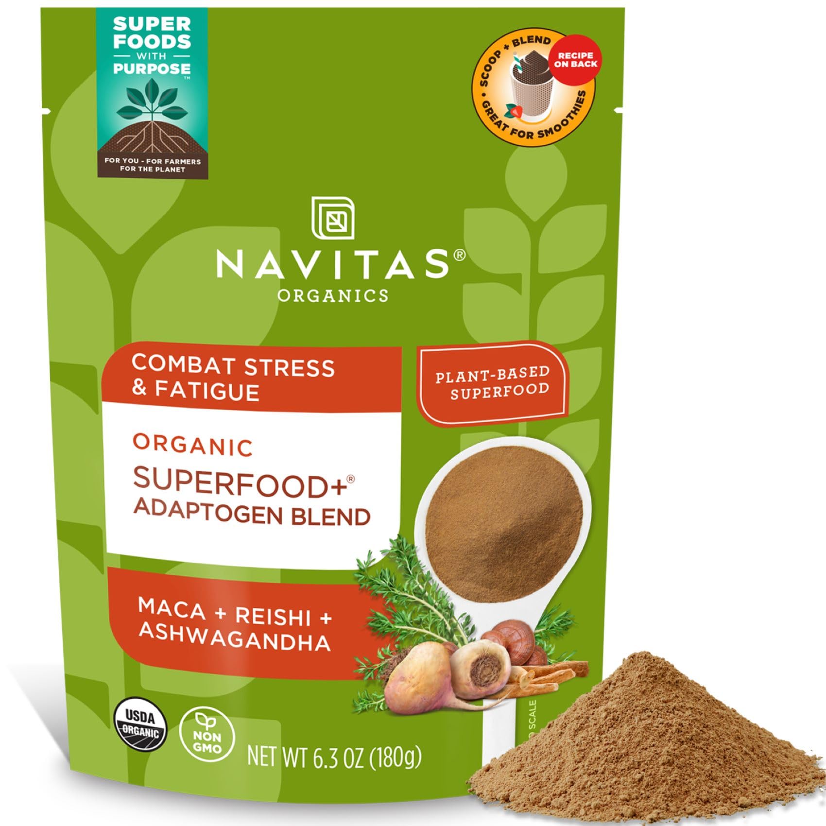 Navitas Organics Superfood+ Adaptogen Blend dans son sachet, prêt à ajouter au smoothie.