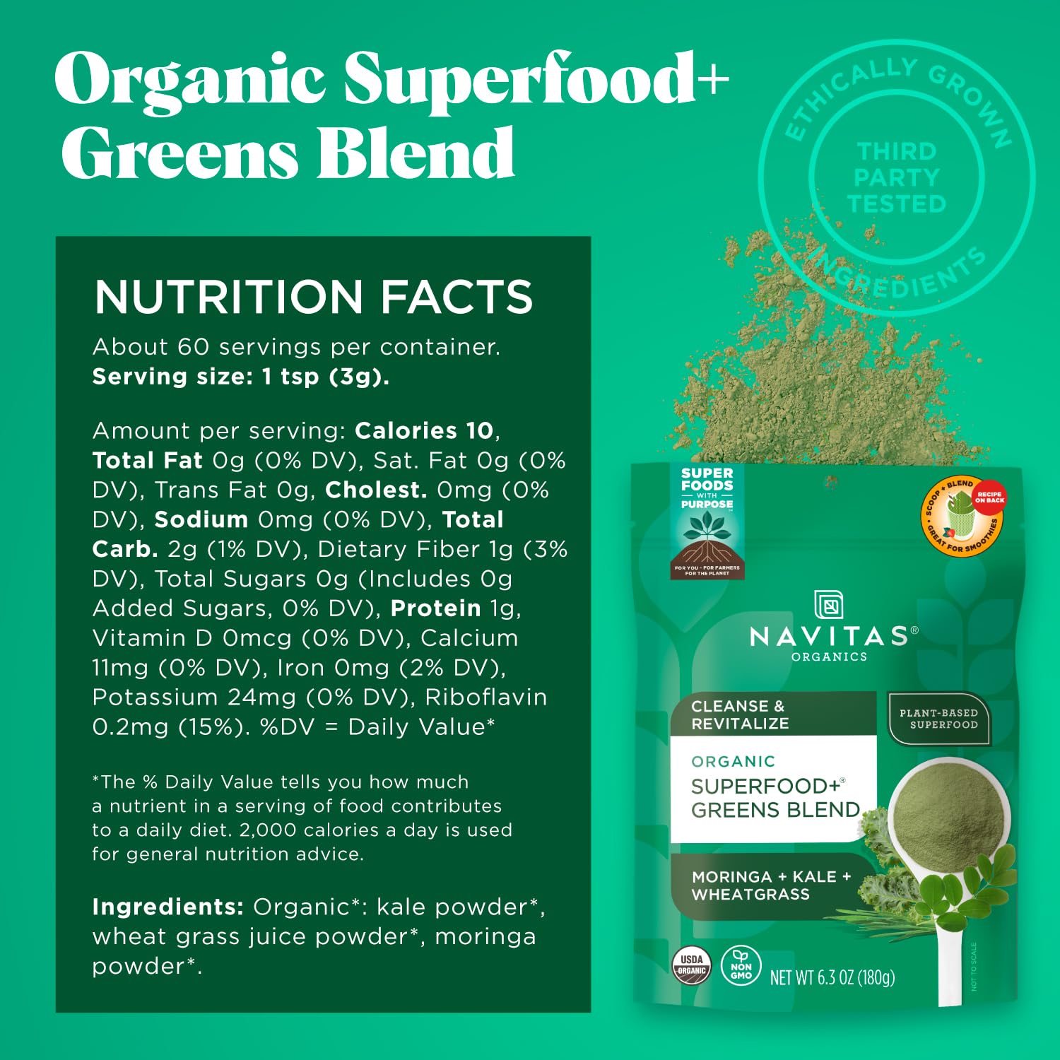 Doseur inclus, Navitas Organics Superfood+ Greens permet de mesurer facilement une portion journalière.