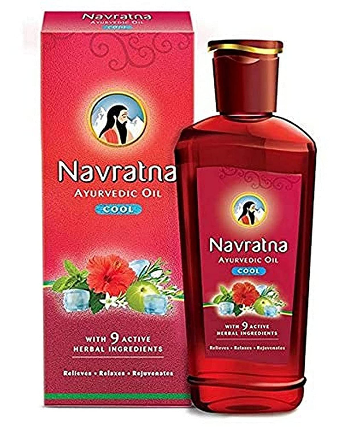 Navratna huile cool en flacon, diffusion facile et rafraîchissante.