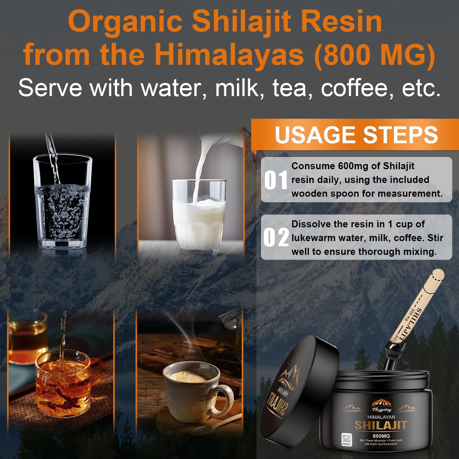 naypiny résine shilajit dissolution facile dans boisson chaude.