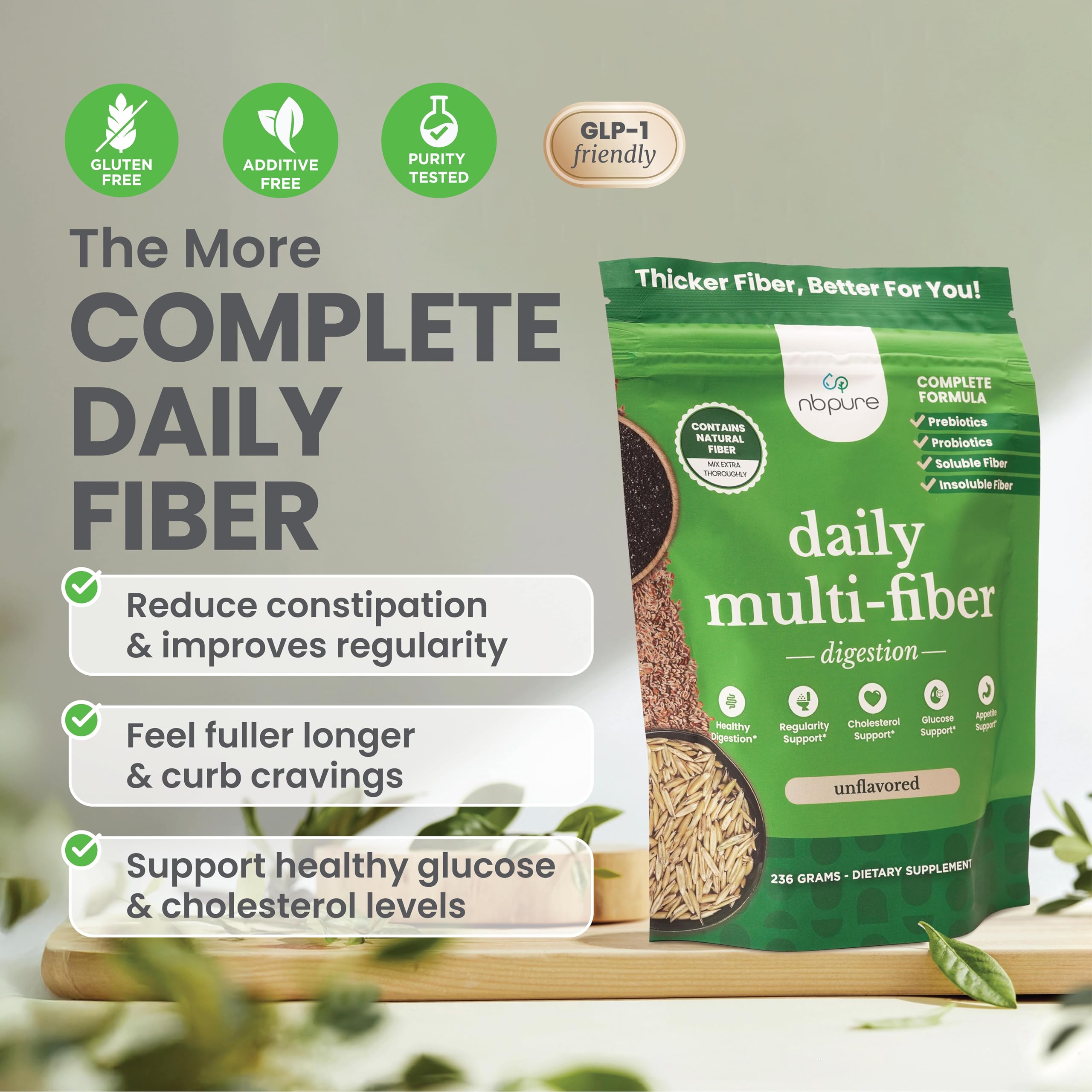 nbpure Daily Fiber mélange 5-en-1 visible, bénéfices potentiels pour digestion et satiété
