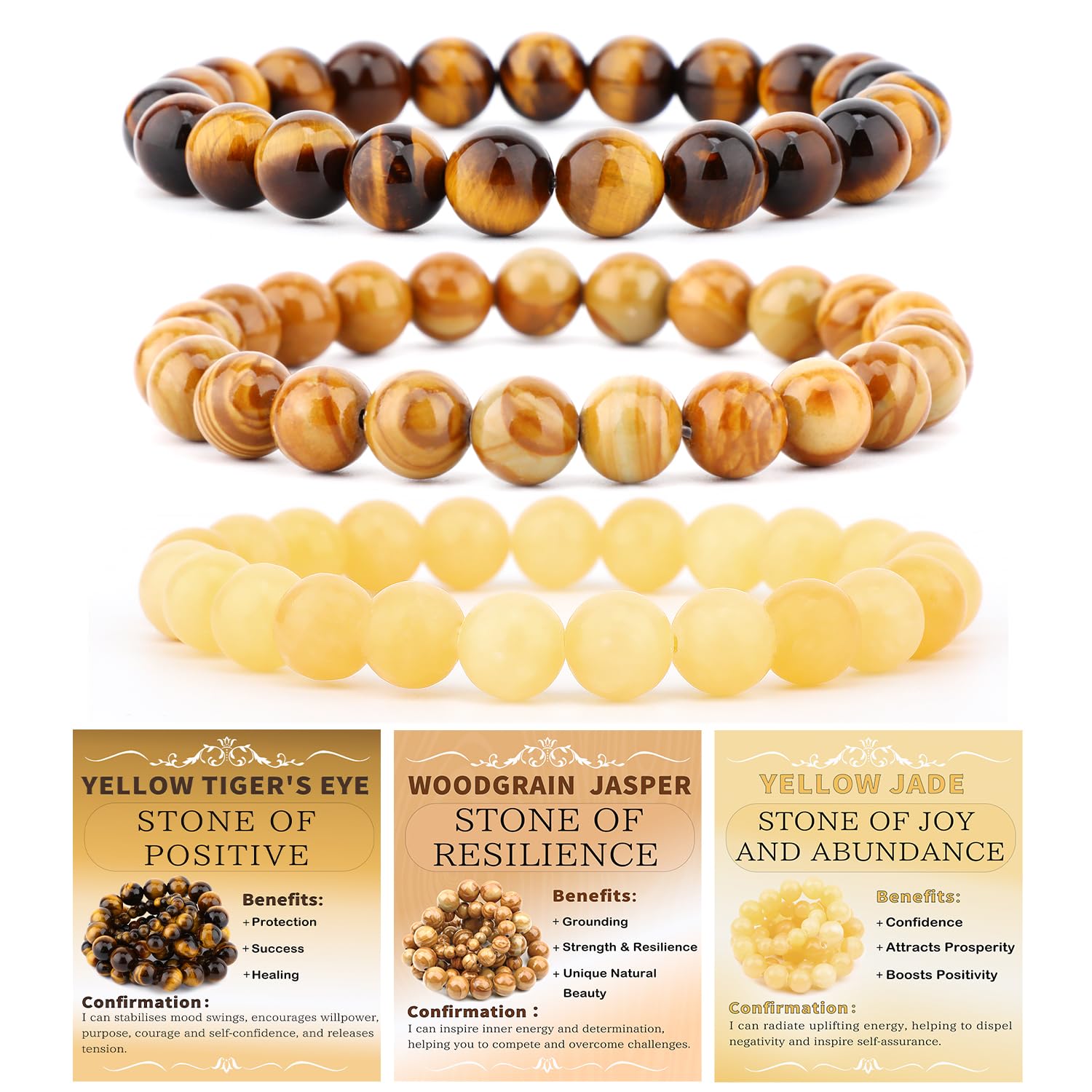 NCB bracelet ensemble trois pièces bois-grain jaspe pour concentration et énergie