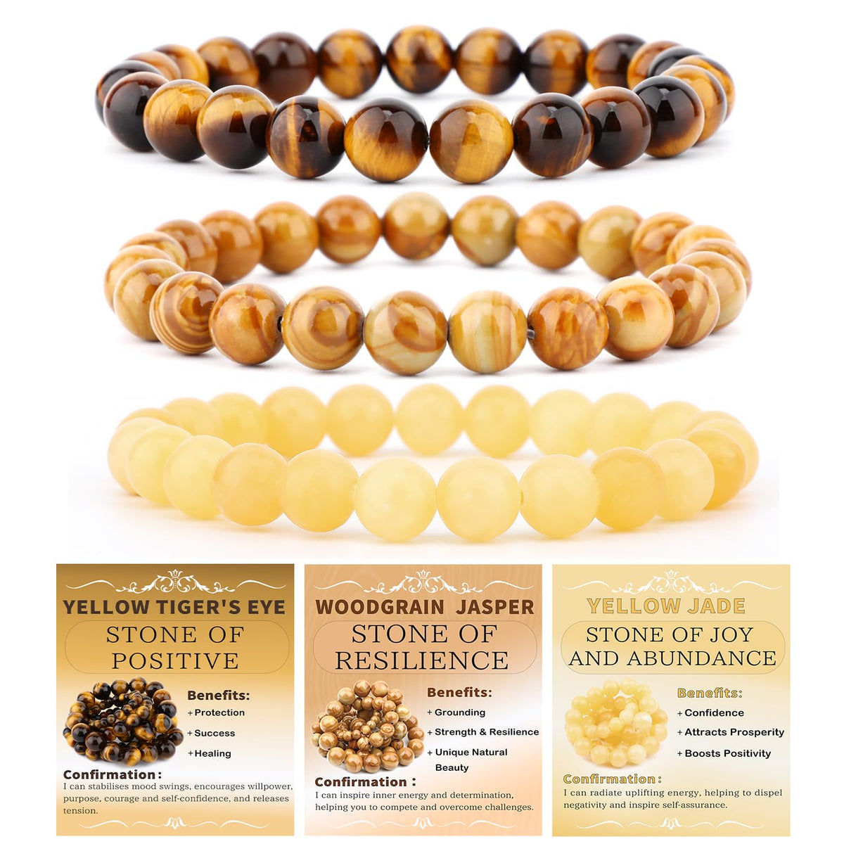 NCB bracelet ensemble trois pièces bois-grain jaspe pour concentration et énergie