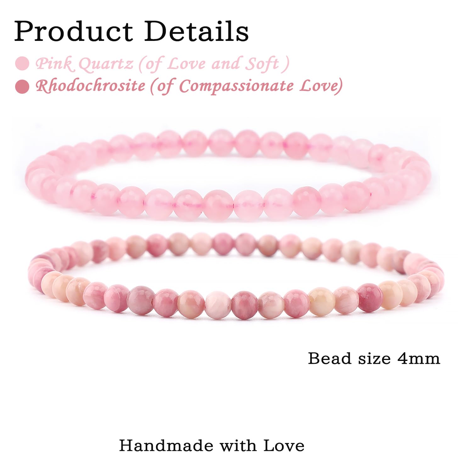 NCB ensemble bracelets elastiques rose quartz rhodochrosite, idéal pour méditation et bien-être quotidien.