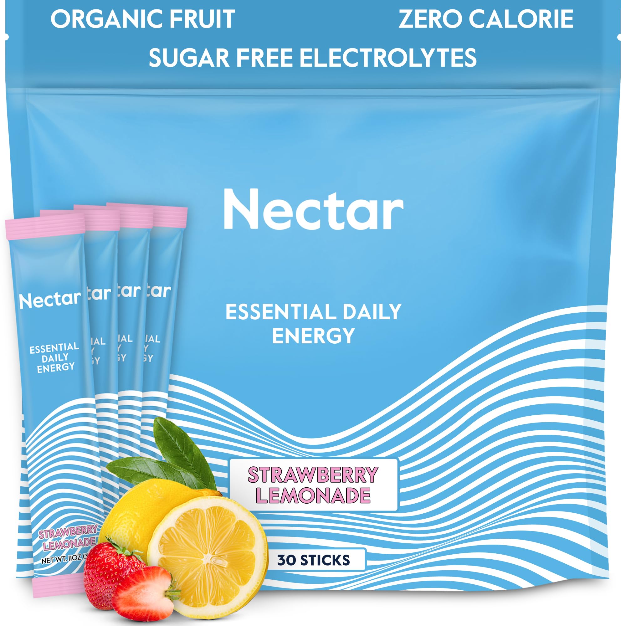 Nectar Energy Booster : sachet Fraise Citronnade prêt à mélanger pour énergie durable.