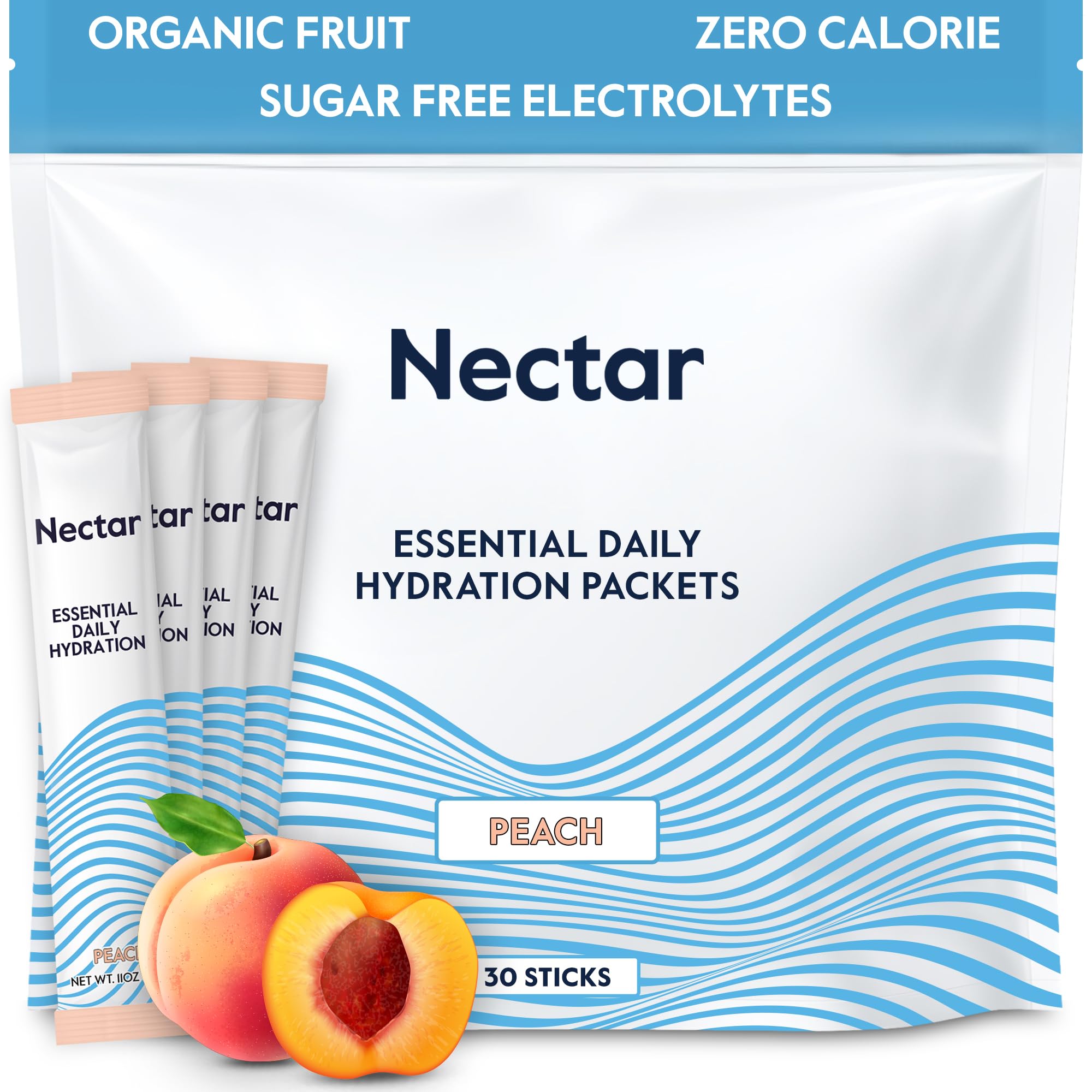 Nectar sachets hydratation pêche 30-pack : réhydratation rapide et goût fruité.