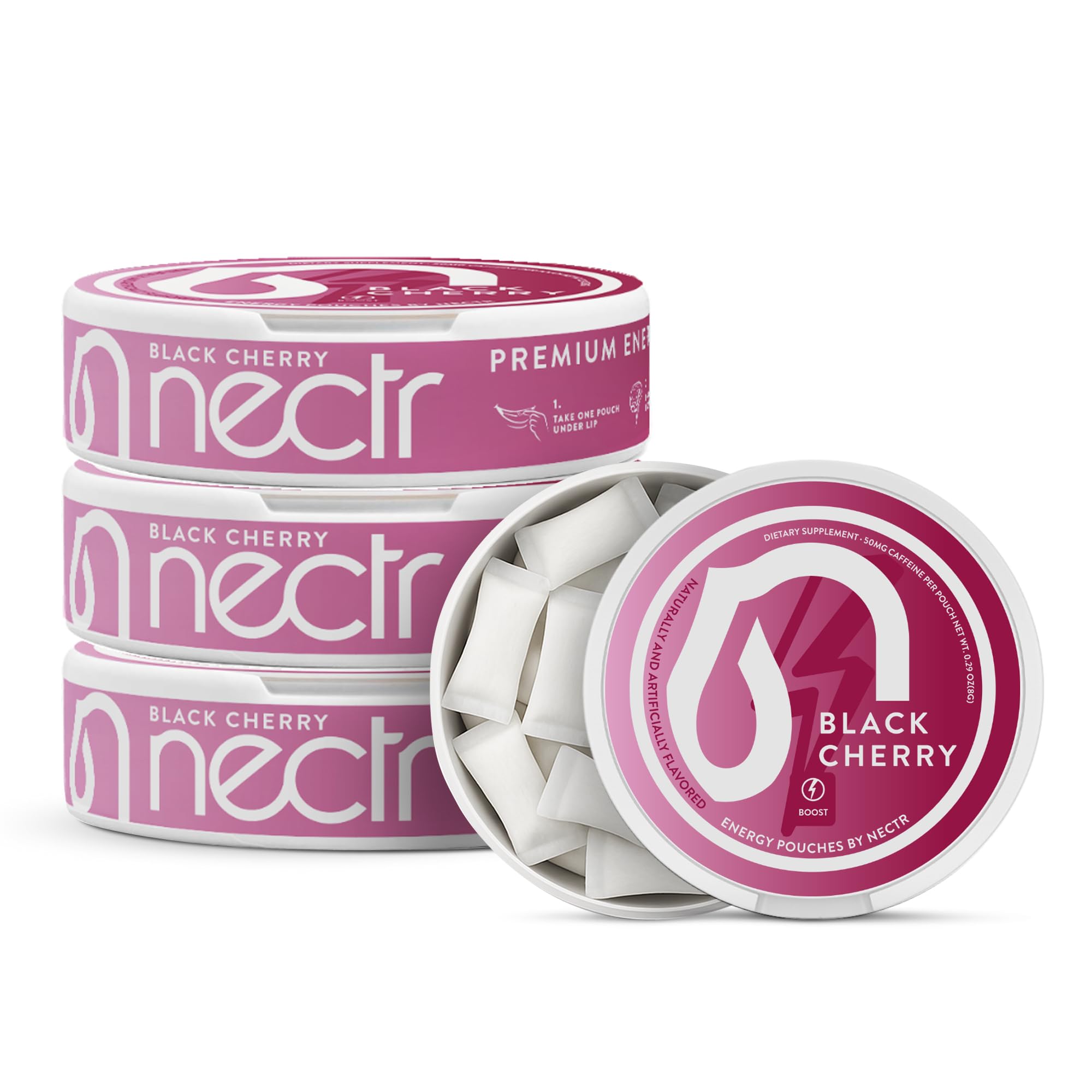 Pochettes Nectr Énergie cerise noire avant, énergie rapide sans sucre