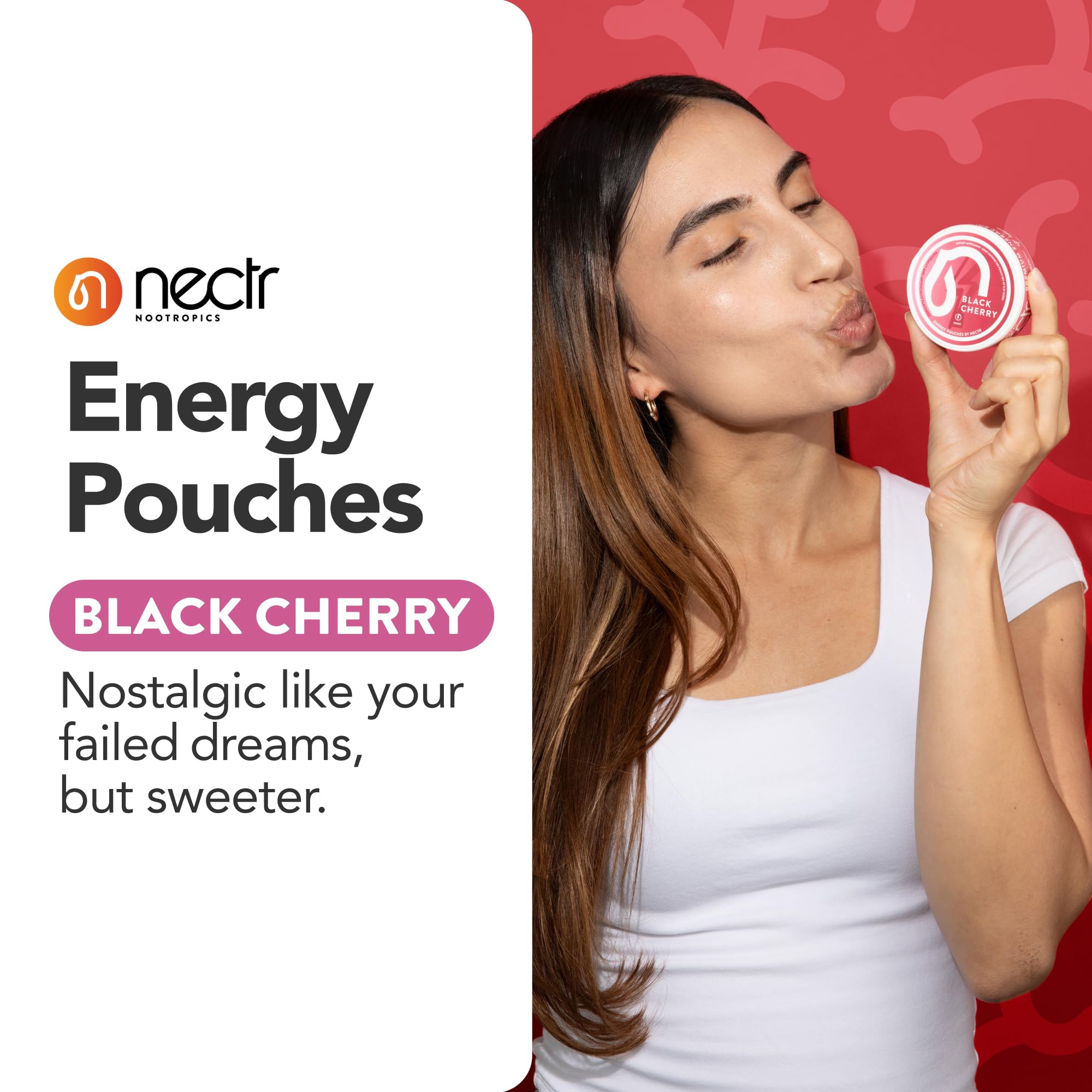Pochette Nectr Énergie cerise noire détail pochette, format discret et sec