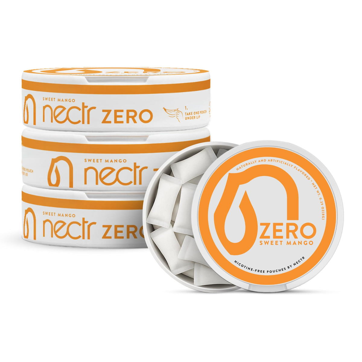Pochettes Nectr Énergie Zéro, sachets mini mangue, pause sans caféine.