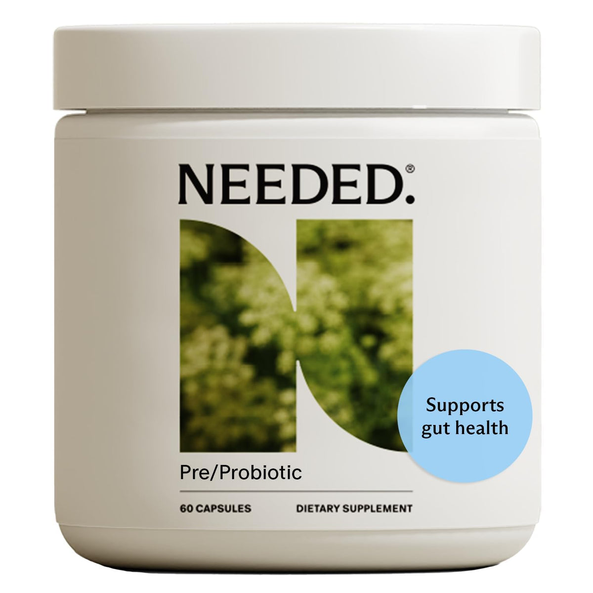 Needed Balance: bouteille montrant le complément prébiotique et probiotiques pour maman et bébé.