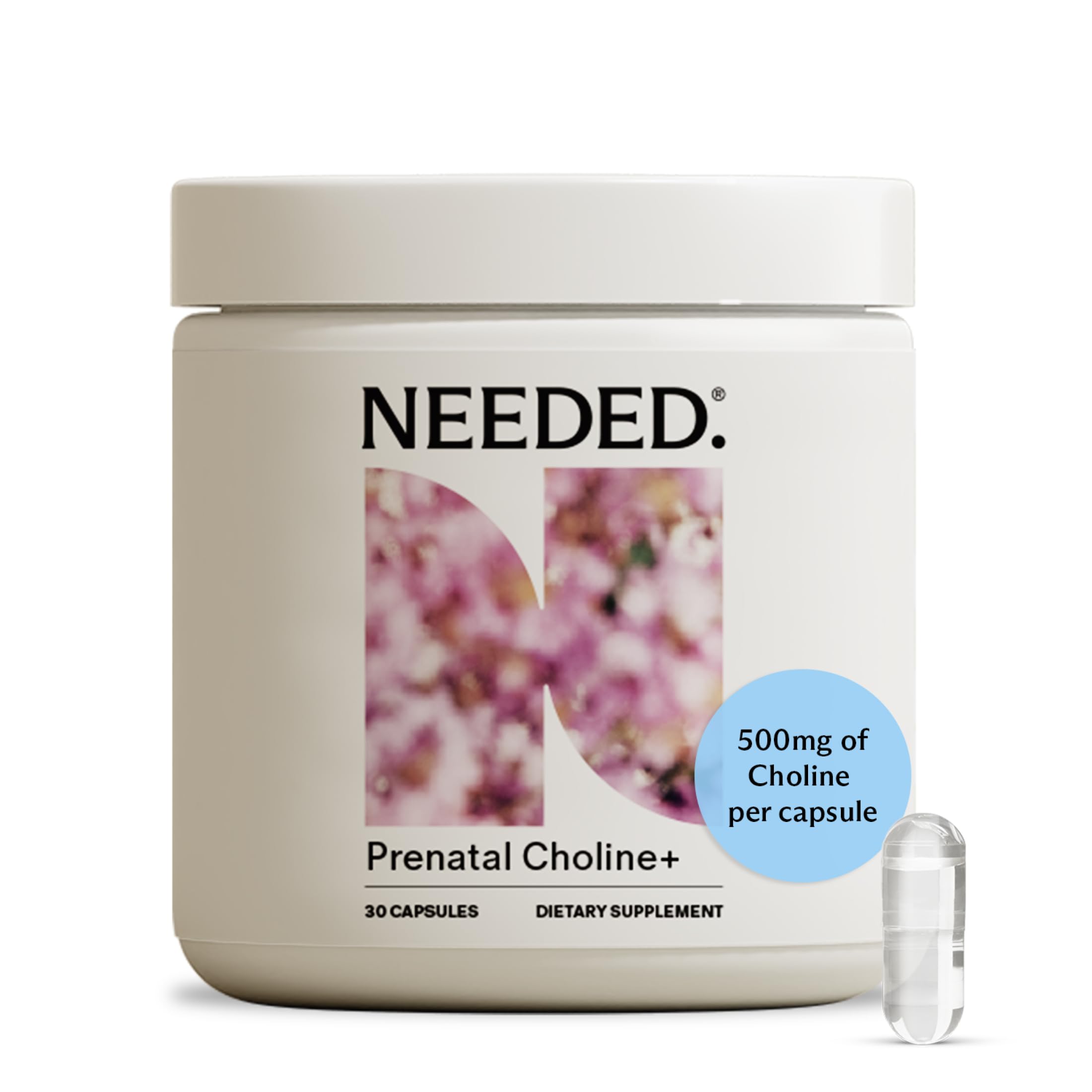 Needed choline prénatale : bouteille de capsules liquides prête à l’emploi.