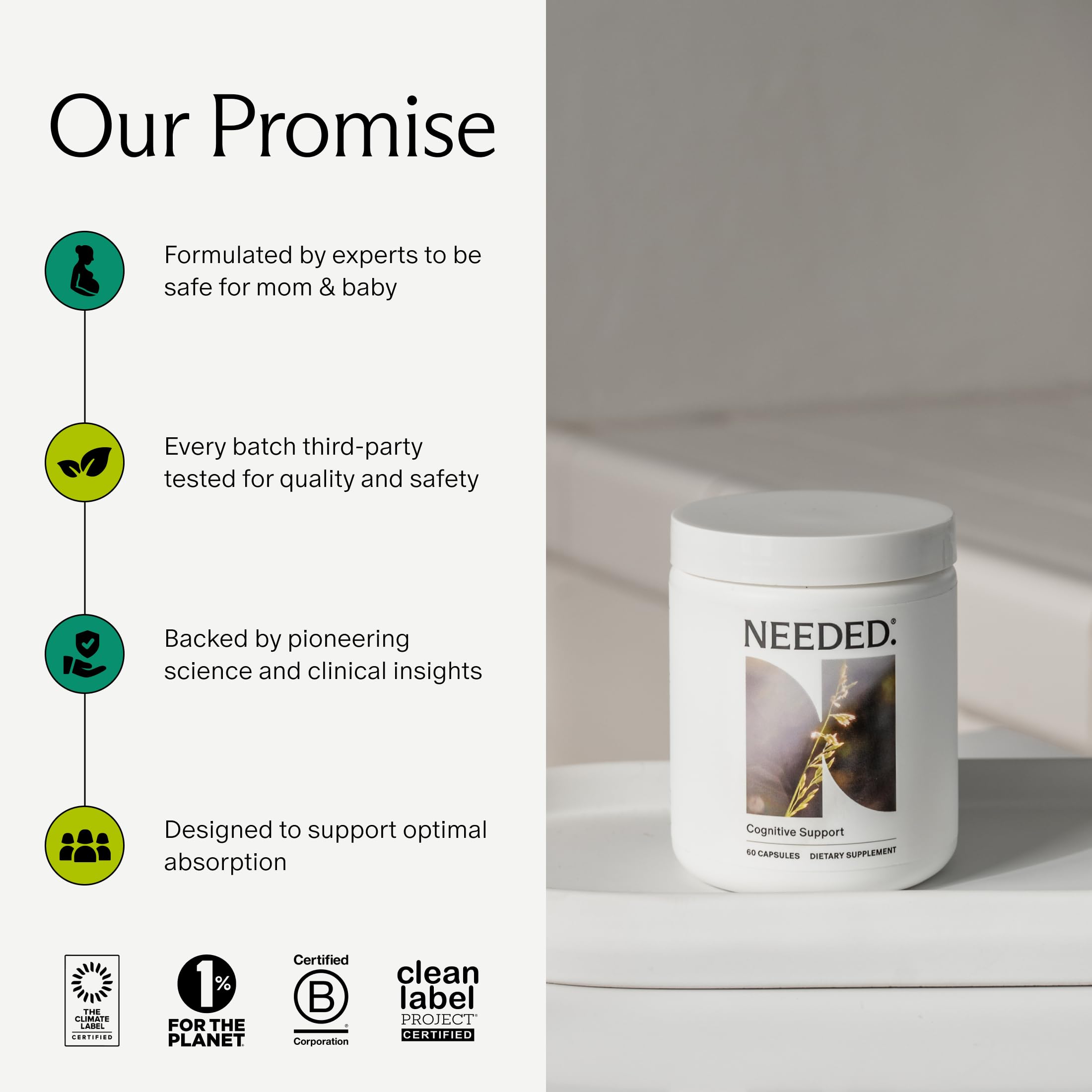 Needed - Emballage produit avec informations claires et faciles à lire.