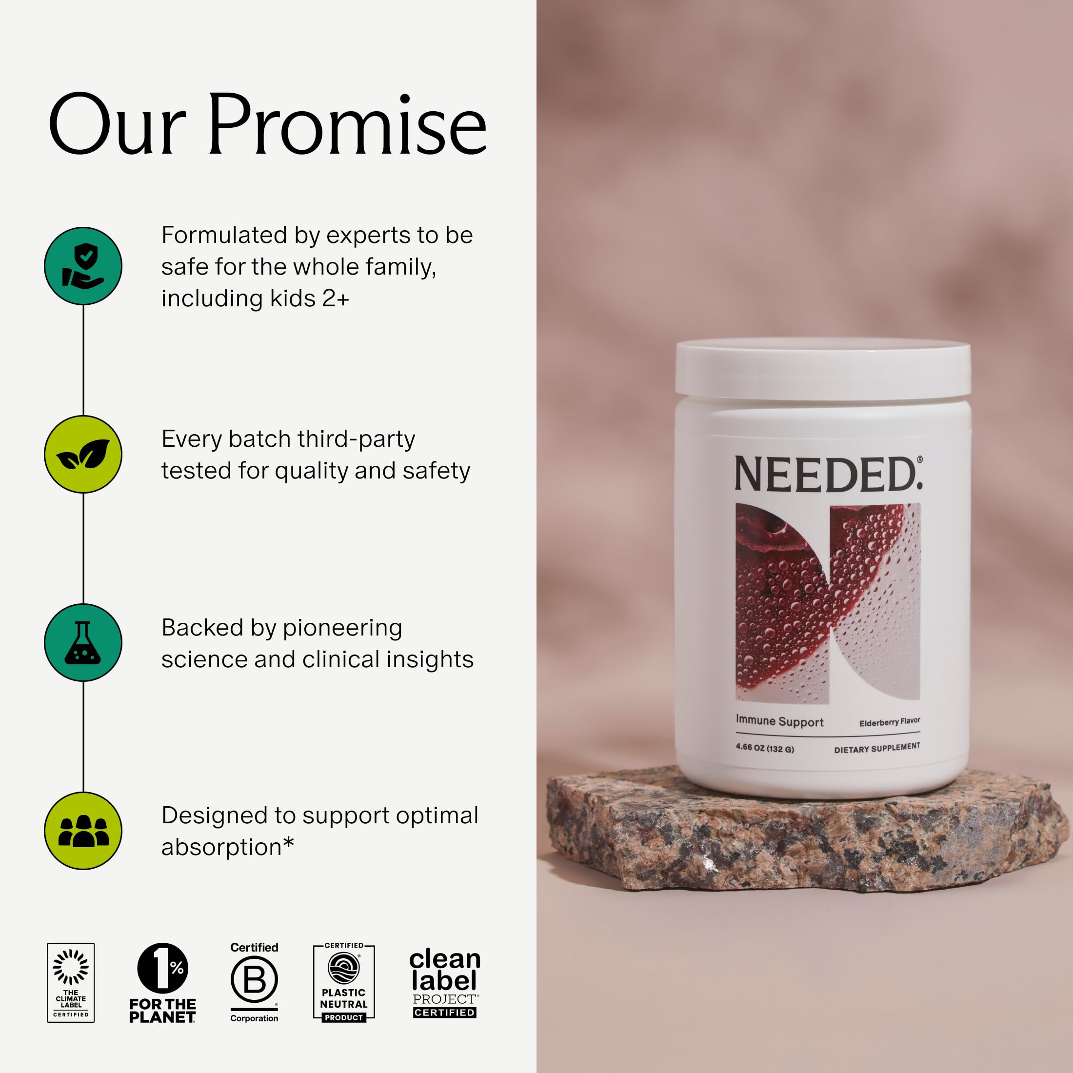 Needed Immunité Support – emballage familial avec 30 portions adultes ou 60–120 portions enfants.