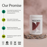 Needed Immunité Support – emballage familial avec 30 portions adultes ou 60–120 portions enfants.