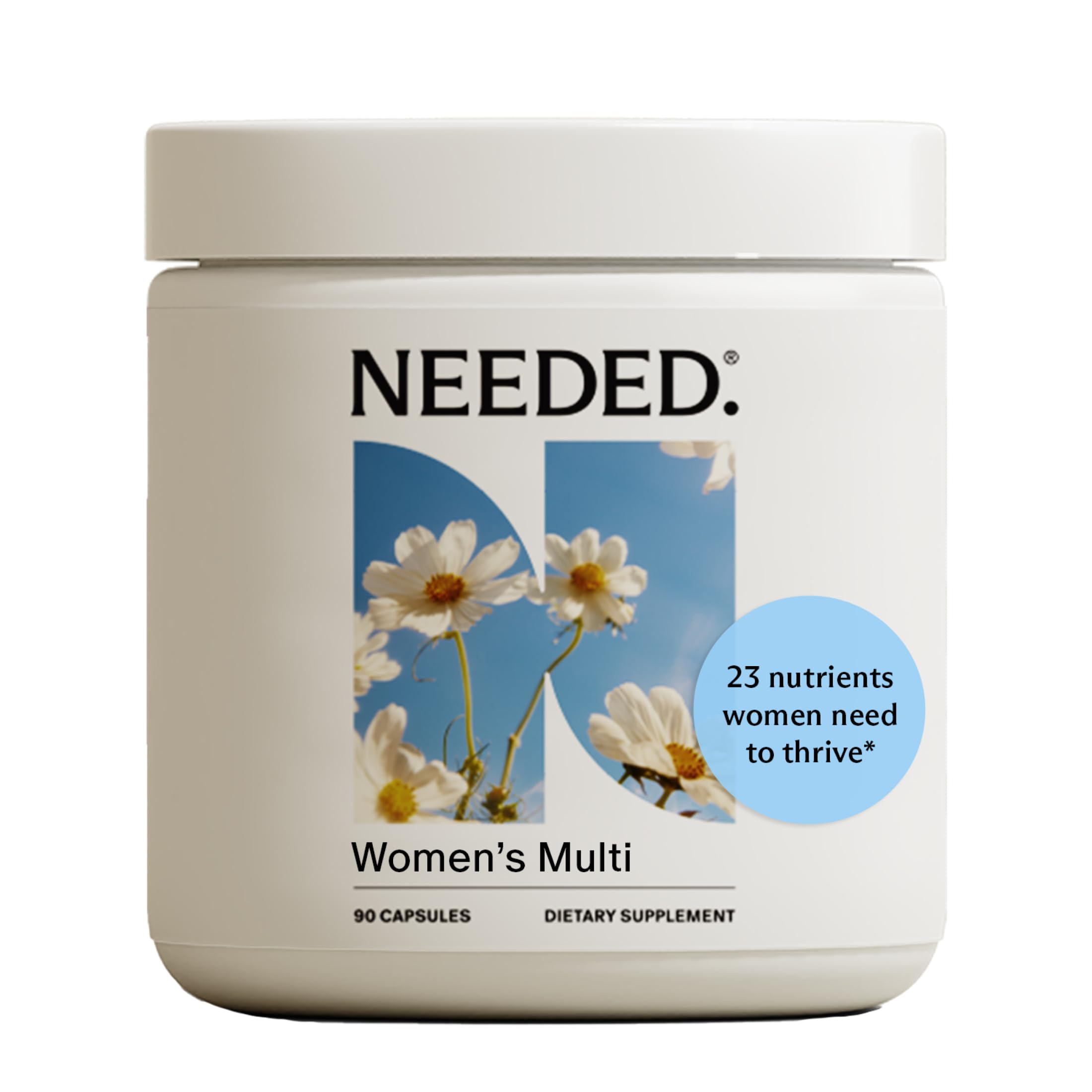 Needed multivitamine femmes, bouteille mise en avant, soutien quotidien.