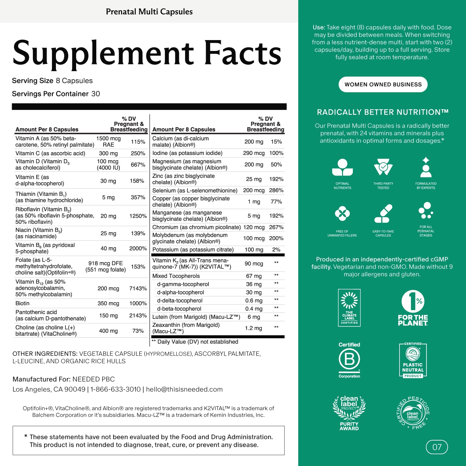 Needed Prenatal Multivitamin – doseur intégré facilitant l'organisation des prises.