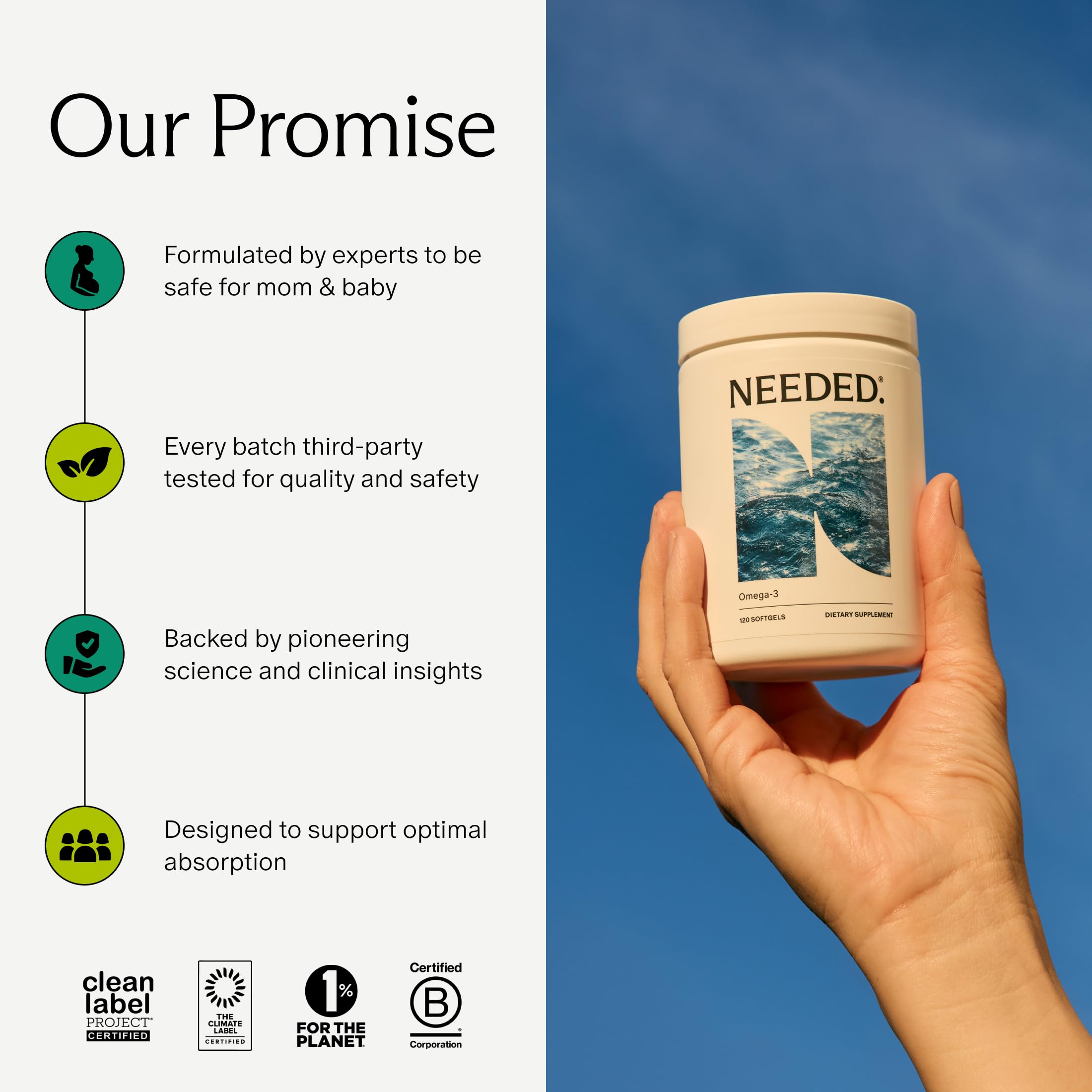Emballage écologique de Needed Prenatal Omega-3, conçu pour la conservation et le déplacement responsables.