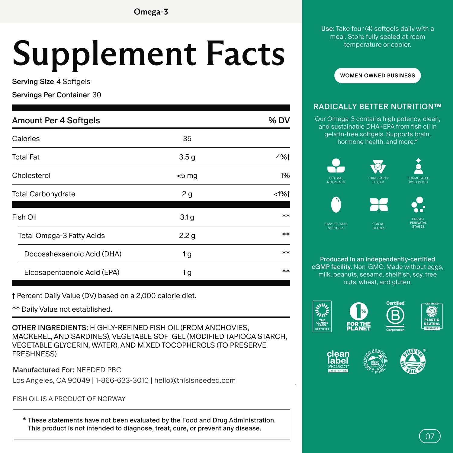 Gélules sans gélatine Needed Prenatal Omega-3 faciles à avaler et sans arrière-goût.