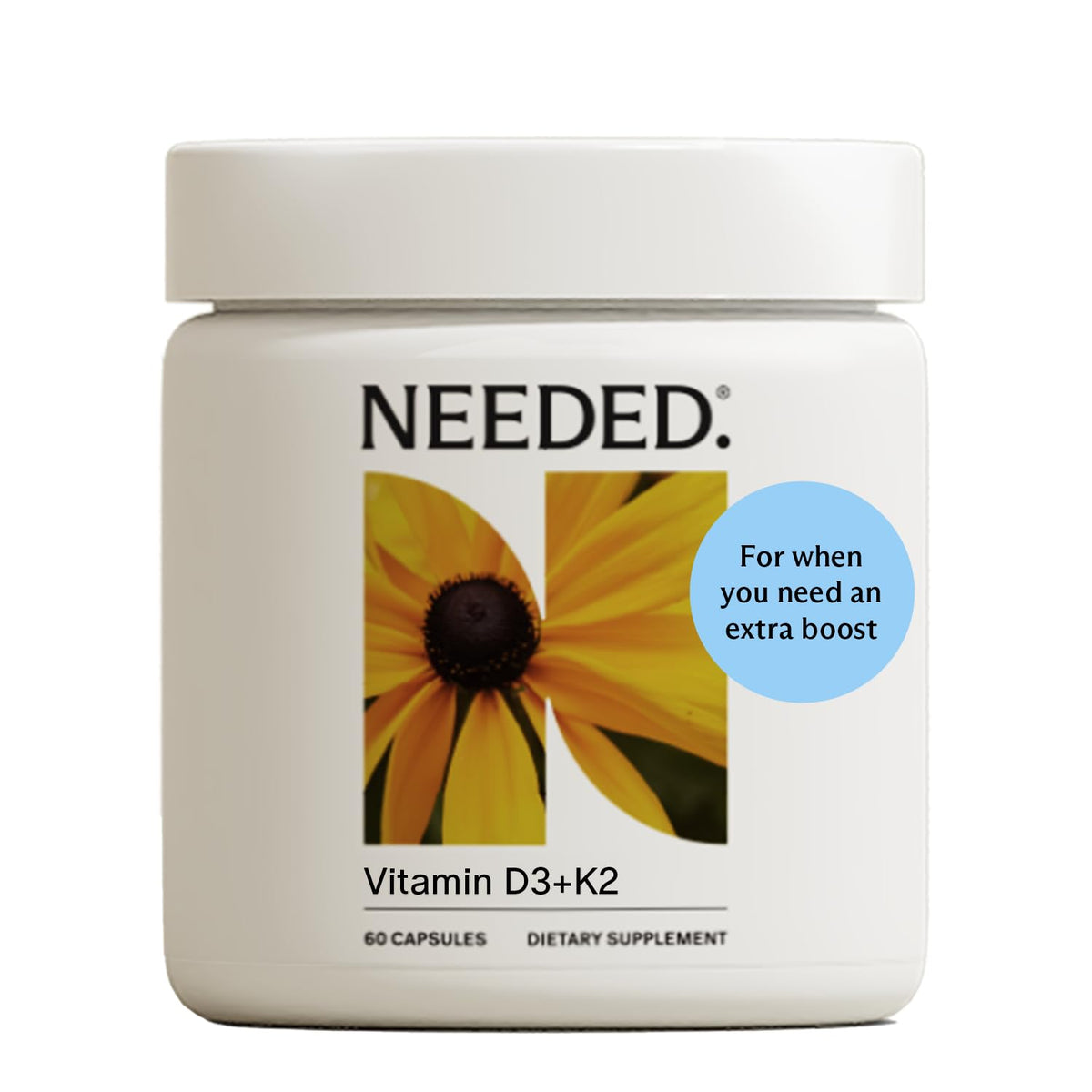 Needed Vitamine prénatale D3/K2 – bouteille claire soutenant la grossesse et l’immunité.