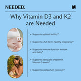Needed Vitamine prénatale D3/K2 – vue macro des capsules, ingestion facile.