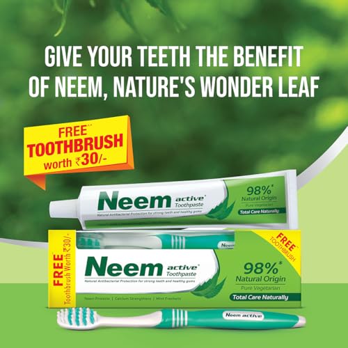 Neem Active dentifrice emballage arrière, informations claires sur les ingrédients et l'utilisation.