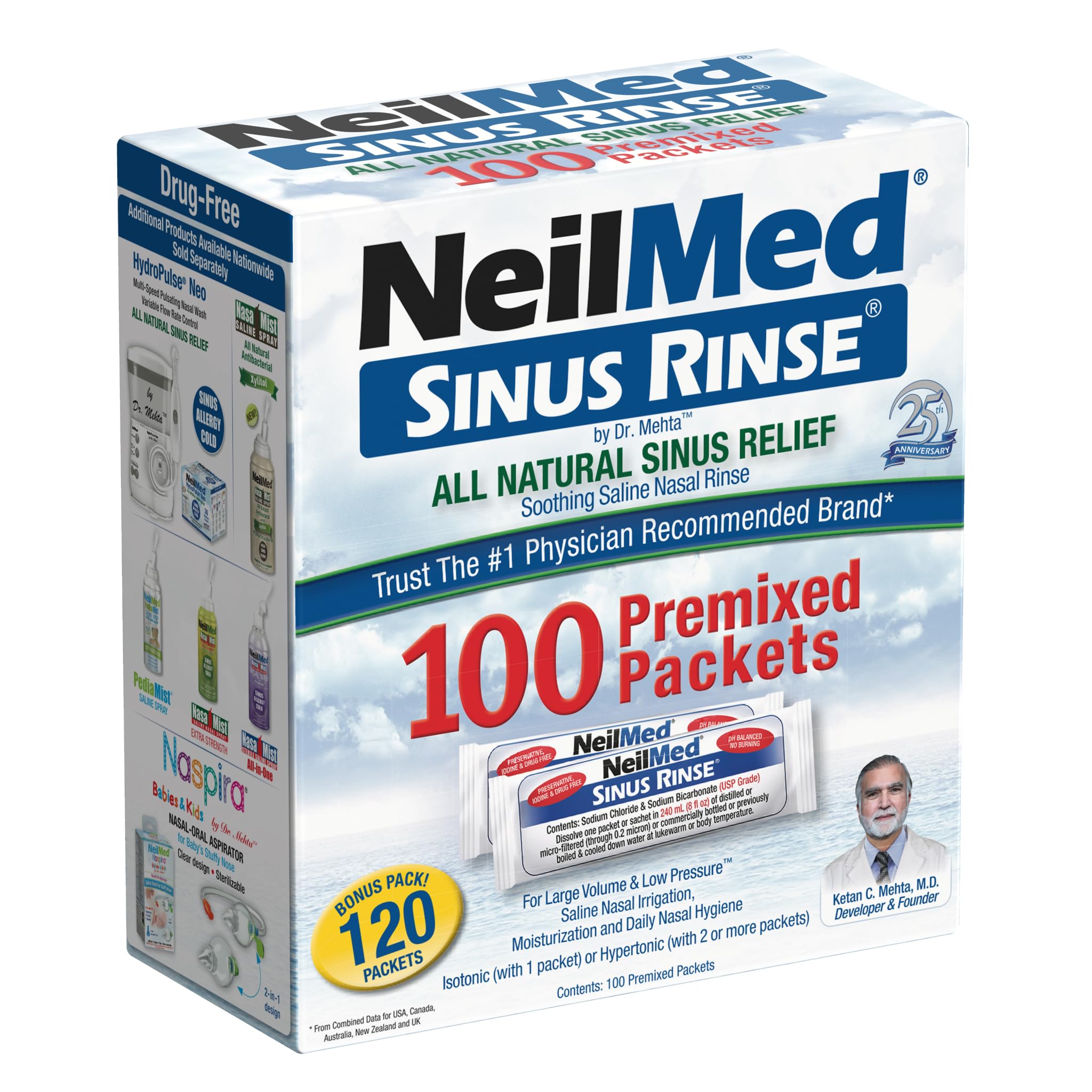 NeilMed Sinus Rinse: boîte avec 100 paquets prémélangés, pratique pour le rinçage nasal.