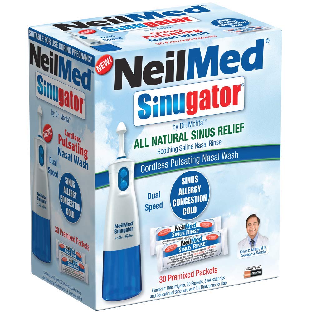 NeilMed Sinugator emballage et sachets pré-mélangés pour démarrer rapidement l'irrigation.