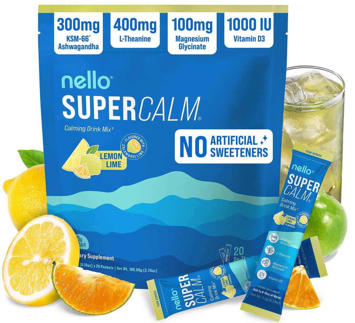Nello SuperCalm poudre Limon Menthe prête à se dissoudre pour une détente légère.