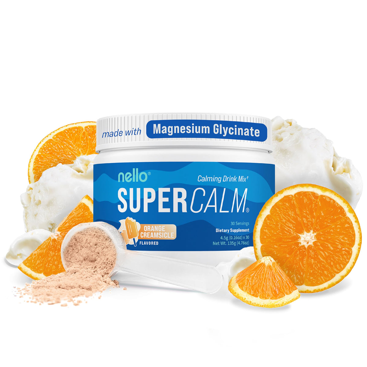Nello Supercalm poudre orange crème glacée prête à mélanger, goût frais et relaxant.