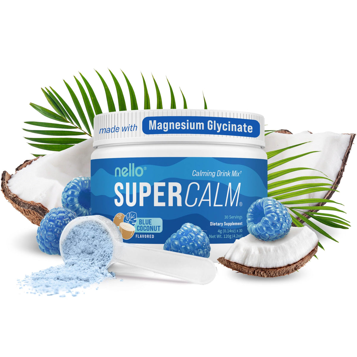 Nello SuperCalm sachet bleu coco prêt à emporter pour la détente.