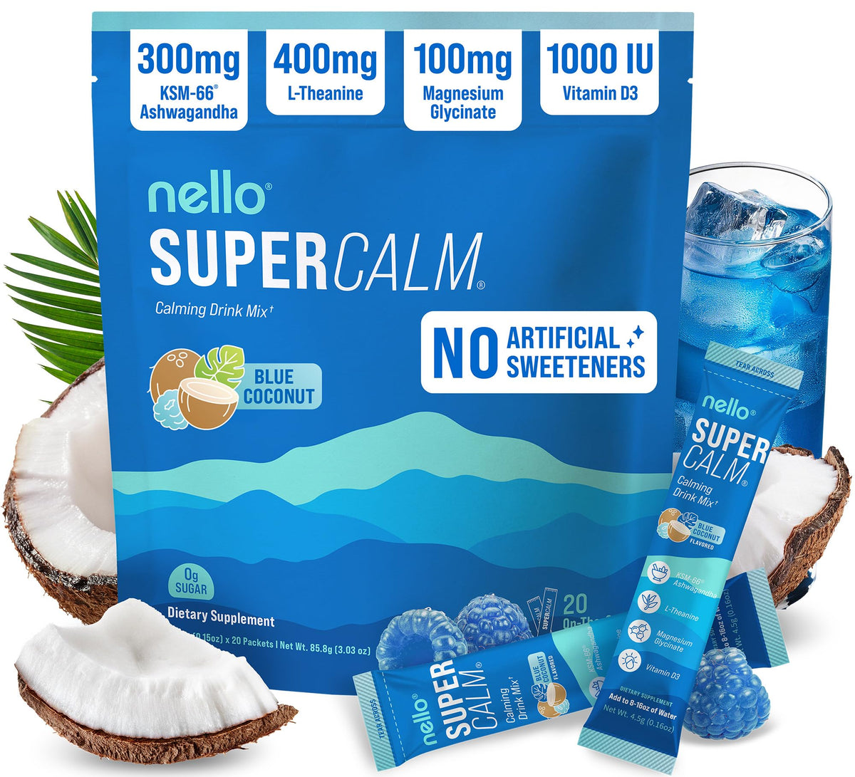 Sachets Nello SuperCalm bleu coco, pratique pour relaxation rapide en déplacement