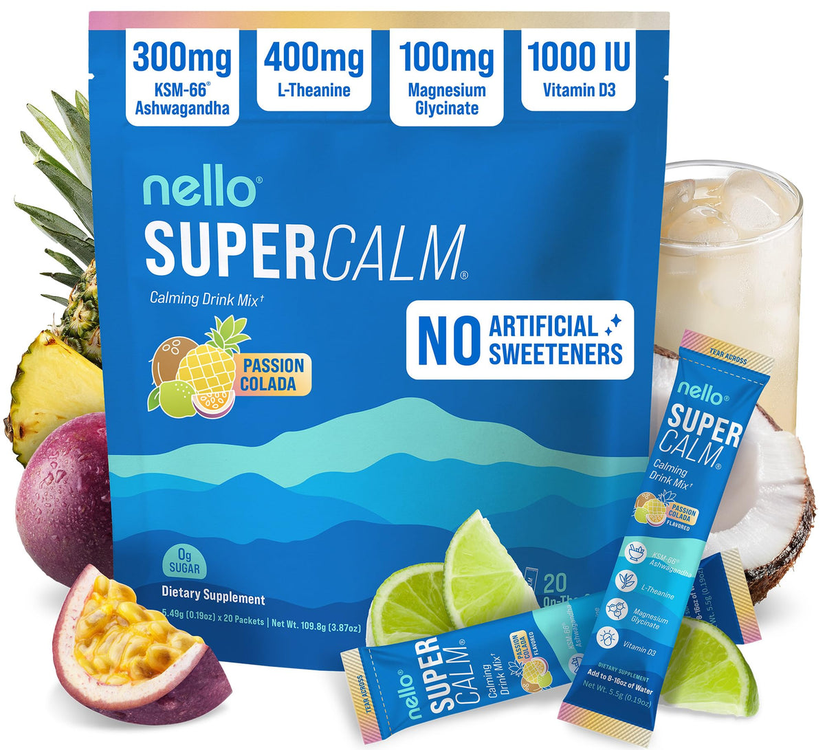 Nello Supercalm sachets portables pour relaxation rapide et concentration.