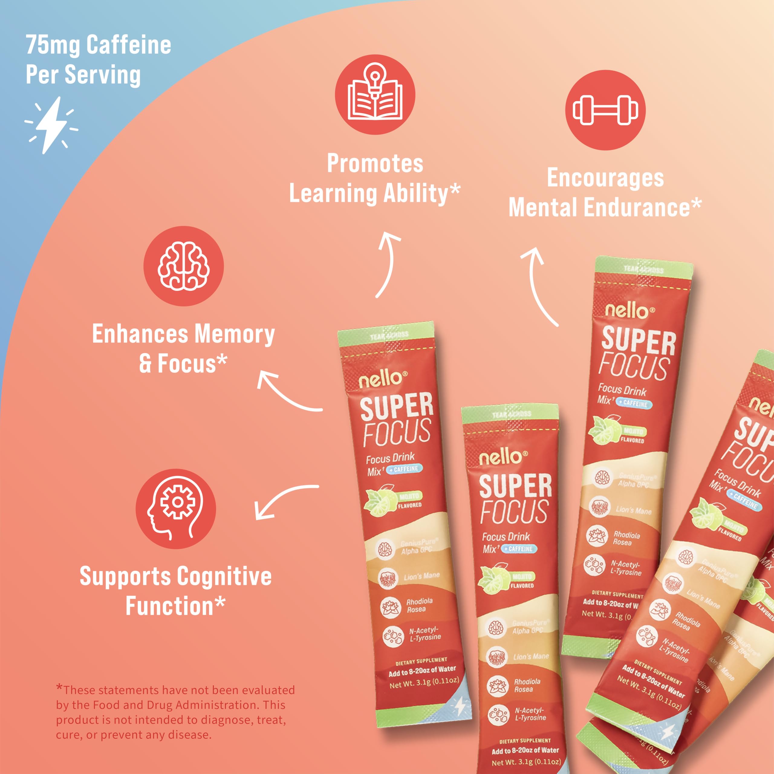 Nello Superfocus Mojito – sachets individuels pour étude en déplacement.