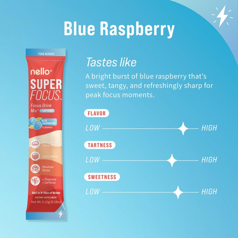 Préparation boisson framboise bleue Nello Superfocus, goût agréable et clarté mentale