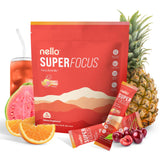 Nello Superfocus sachets portables avec saveur fruits, pratique en déplacement.