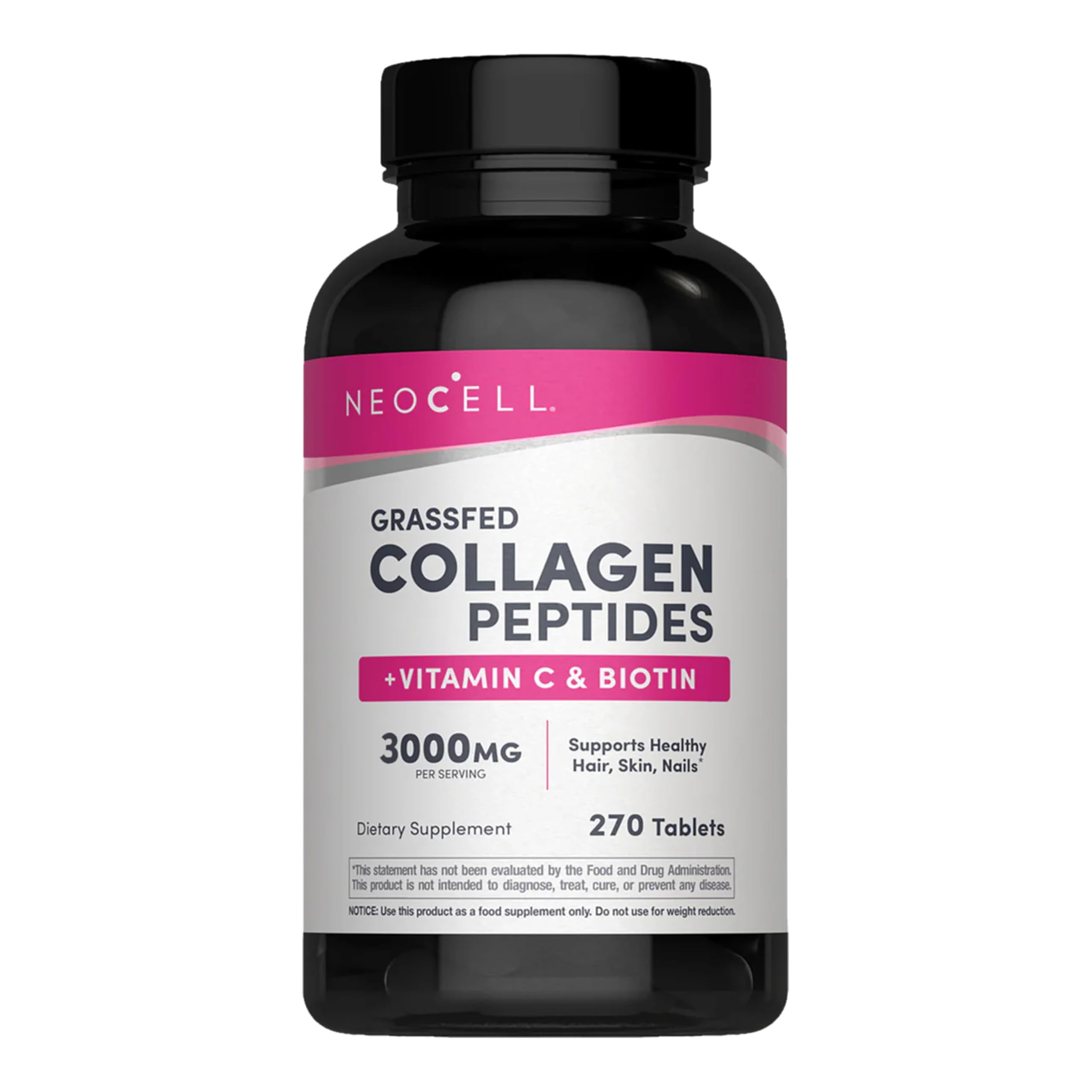 NeoCell collagene gélules dans une bouteille, soutien potentiel peau et ongles.