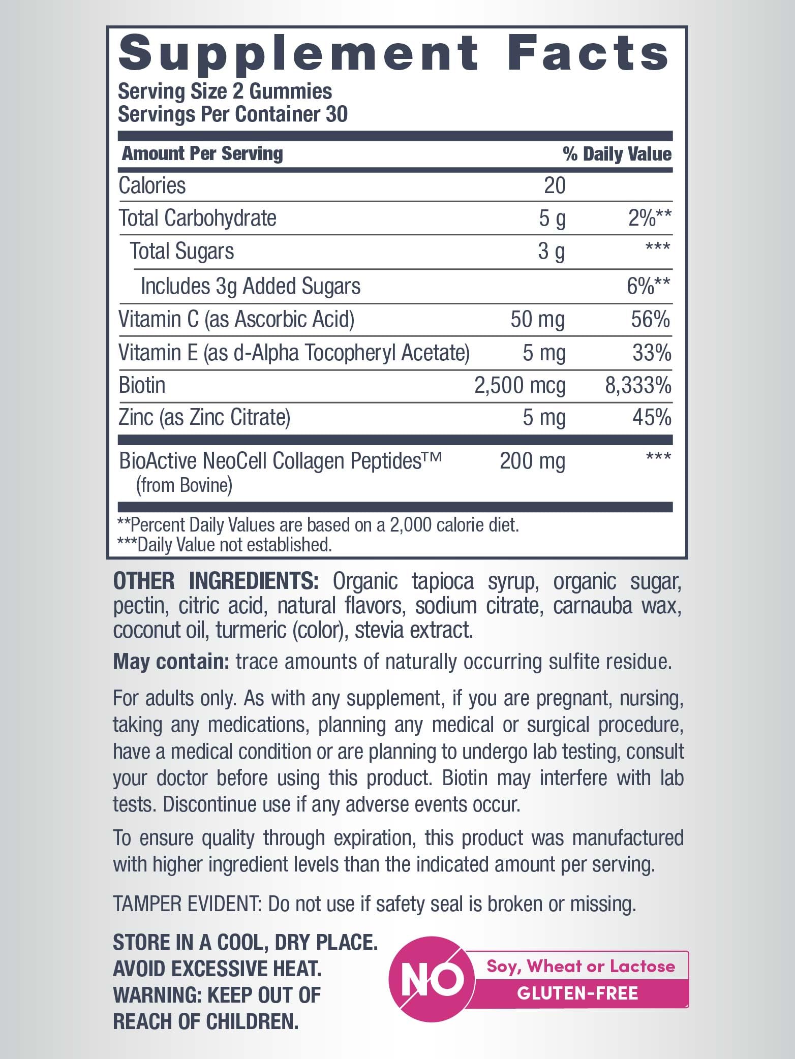 NeoCell gommes biotine et vitamine C/E, bénéfices potentiels pour cheveux et ongles.