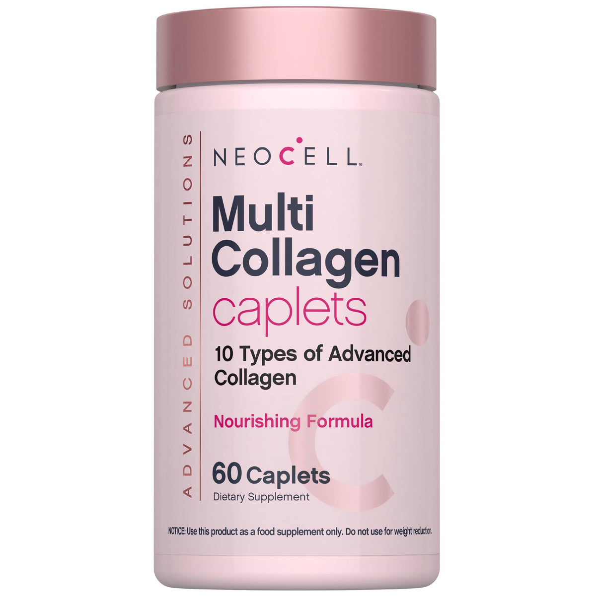 NeoCell Multi Collagen caplets sur bouteille fermée, soutien potentiel à la peau et cheveux.