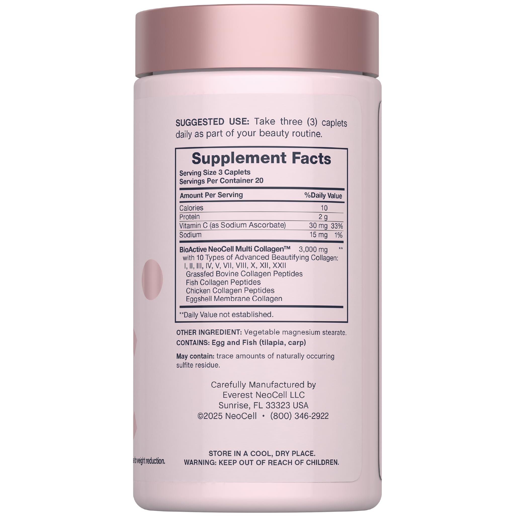 NeoCell Multi Collagen caplets, bouteille ouverte prête à l’emploi quotidien.