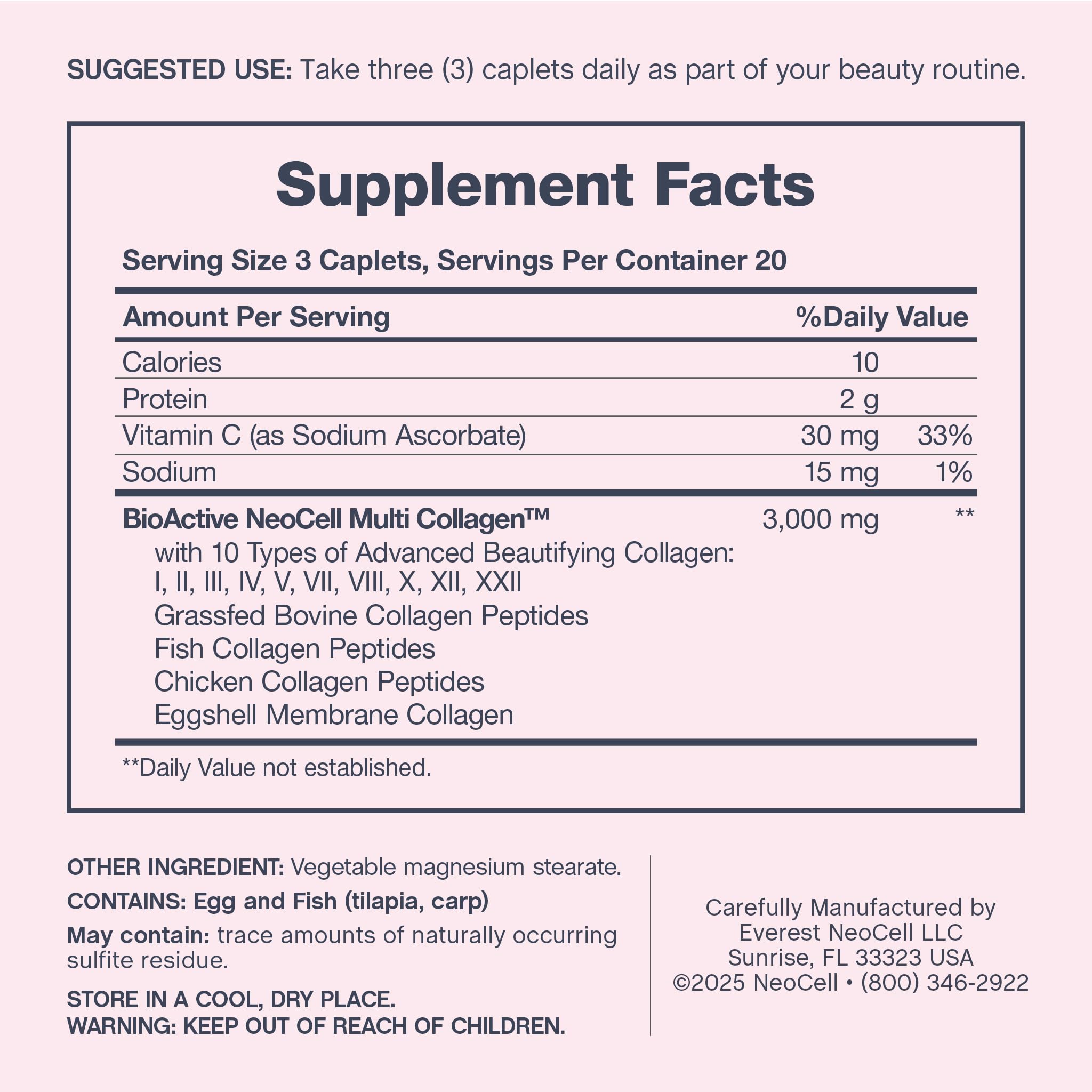 NeoCell Multi Collagen caplets sur emballage avec étiquette lisible et informative.